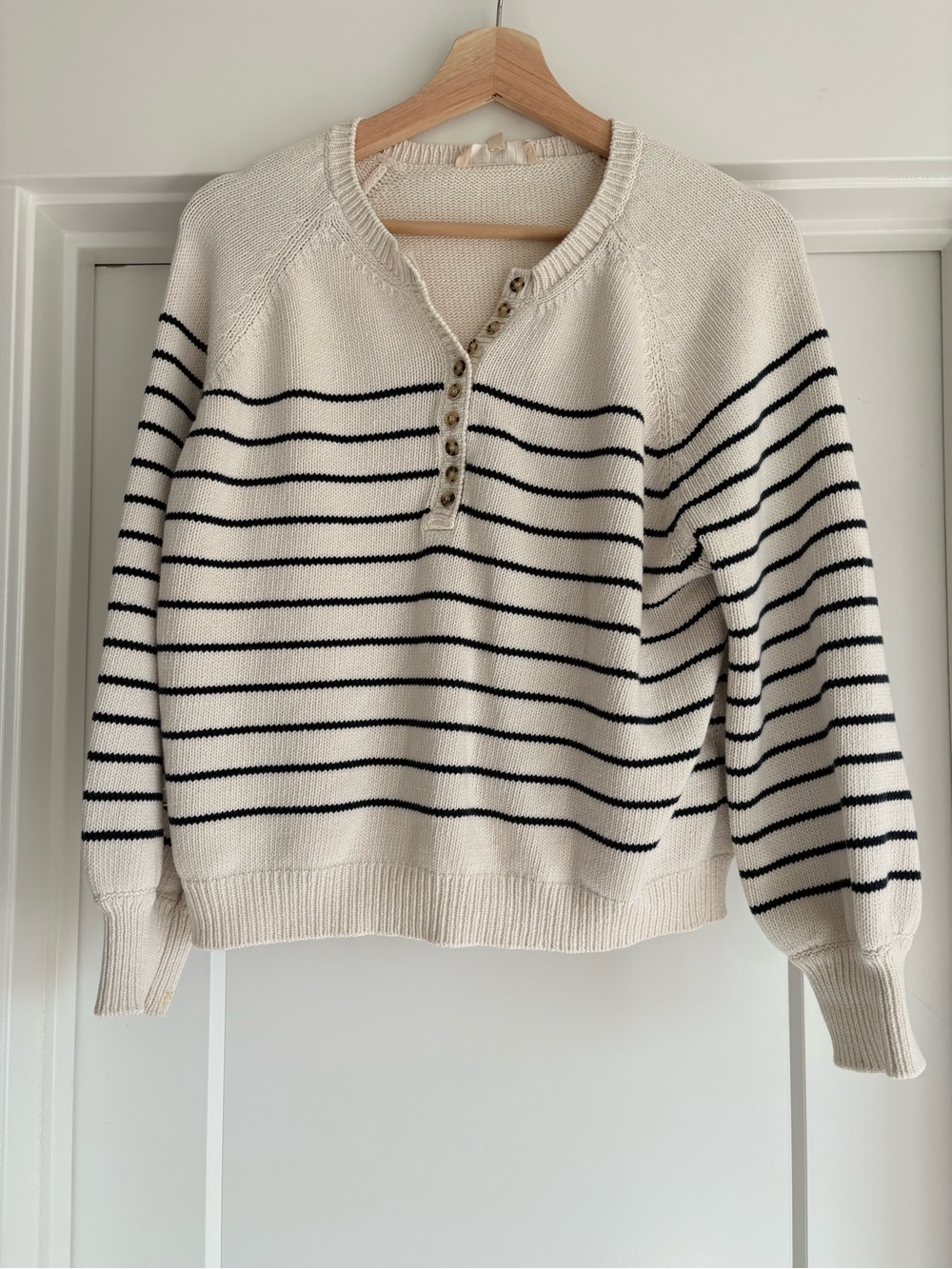 Sezane Cream and Black Striped Henley Pullover